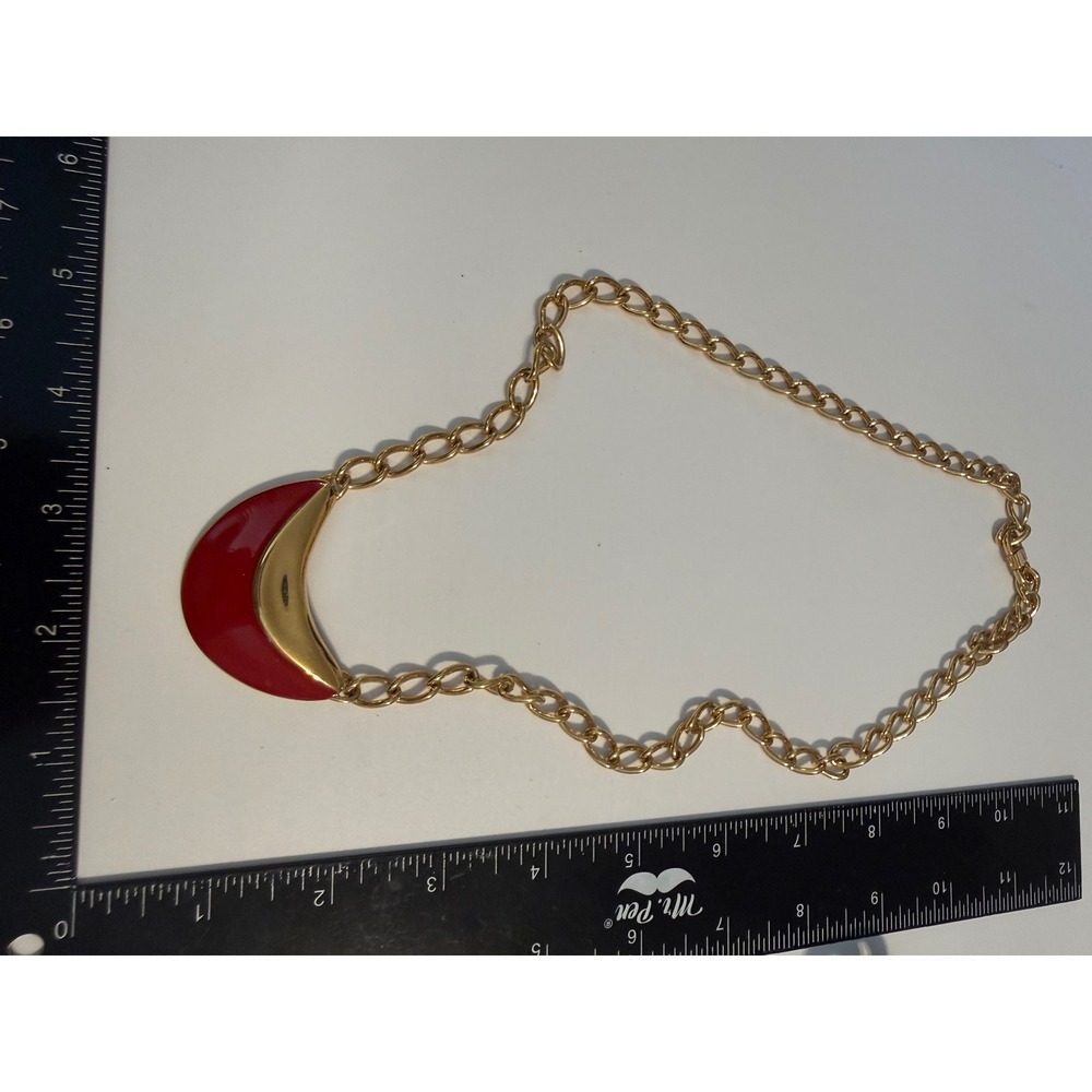 Vintage Monet Red Enamel Gold Tone Crescent Statement Collar‎ Necklace 18 Inch